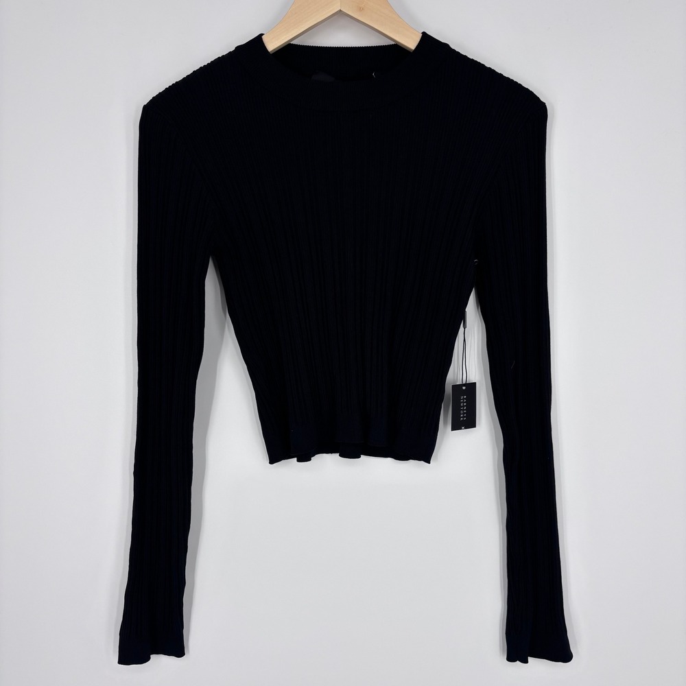 Barneys New York Ribbed Knit Top Womens Small Black Cropped Long Sleeve Basic